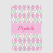 ピンク淡い色のとグリーンのアーガイル名前をカスタムする ゴルフタオル (正面)