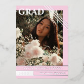 ピンク淡い色のとシルバーライン写真卒業 箔招待状 (正面)