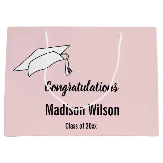 ピンク淡い色のとブラックの卒業おめでとう ラージペーパーバッグ (正面)