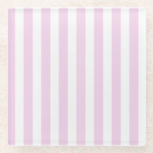 ピンク淡い色のとホワイトキャンディストライプー ガラスコースター (正面)