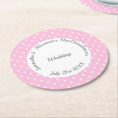 ピンク淡い色のと白の水玉模様結婚ズ ラウンドペーパーコースター (アングル)