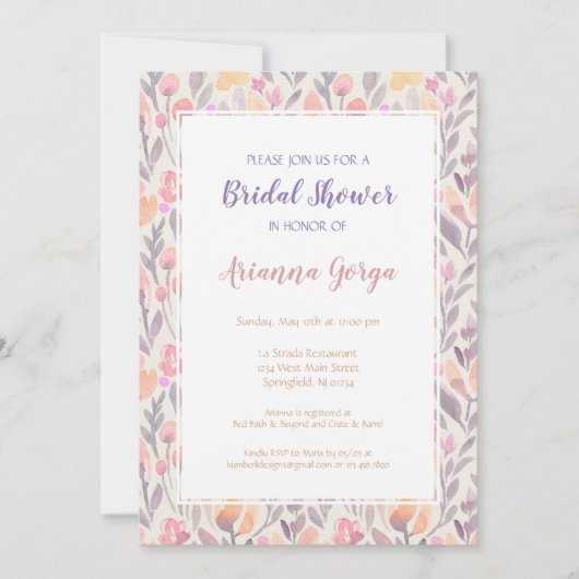 ピンク淡い色のと紫のフローラブライダルシャワー 招待状 (正面)