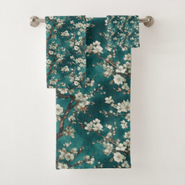 ピンク淡い色ののさくらんぼが咲くアクアティール（緑がかった色）背景 バスタオルセット