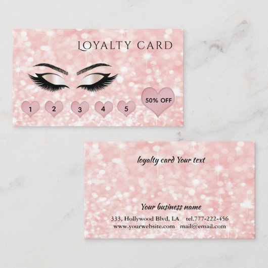 ピンク淡い色ののハートがキラキラ輝くメイクの光 ロイヤリティカード (正面/裏面)