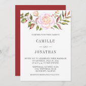 ピンク淡い色ののバラ緑の水の色のフローラ結婚 招待状 (正面/裏面)