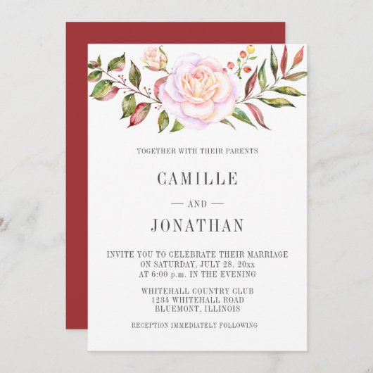 ピンク淡い色ののバラ緑の水の色のフローラ結婚 招待状 (正面/裏面)