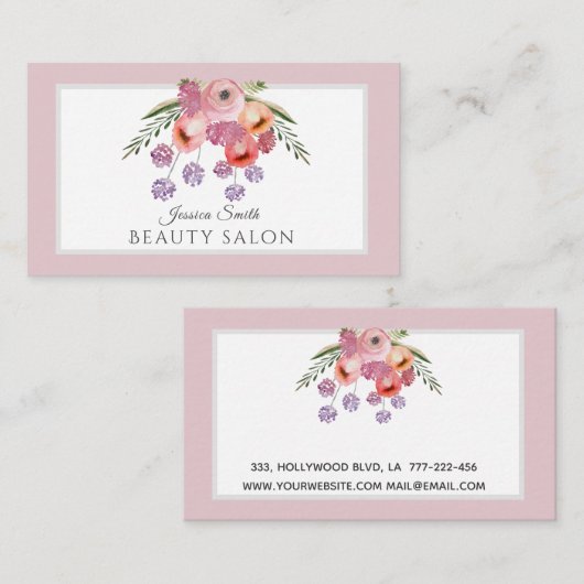 ピンク淡い色ののボホの水色フローラブーケ 名刺 (正面/裏面)