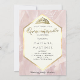 ピンク淡い色のの大理石の幾何学的な書道Quince 招待状