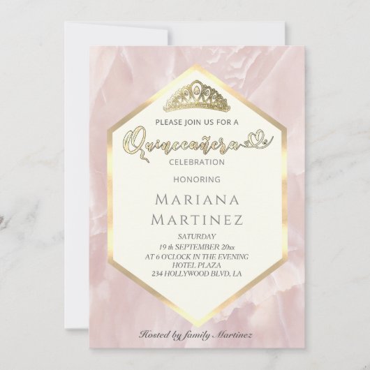 ピンク淡い色のの大理石の幾何学的な書道Quince 招待状 (正面)