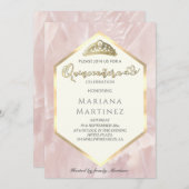 ピンク淡い色のの大理石の幾何学的な書道Quince 招待状 (正面/裏面)