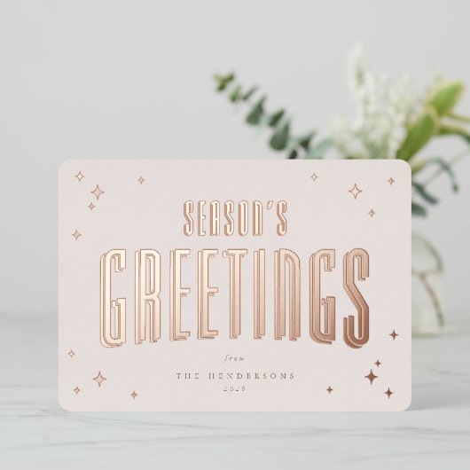 ピンク淡い色のの季節の挨拶レトロ星写真 箔シーズンカード (立ち正面)