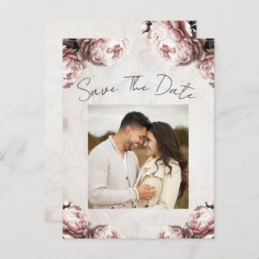 ピンク淡い色のの牡丹の花のヴィンテージ日付を保存 案内ポストカード (正面/裏面)