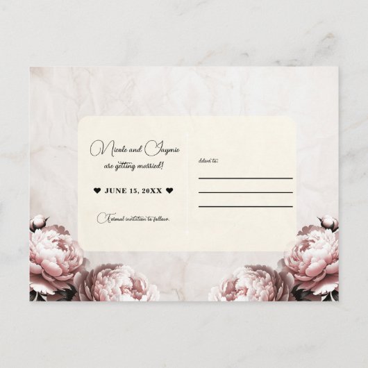 ピンク淡い色のの牡丹の花のヴィンテージ日付を保存 案内ポストカード (裏面)