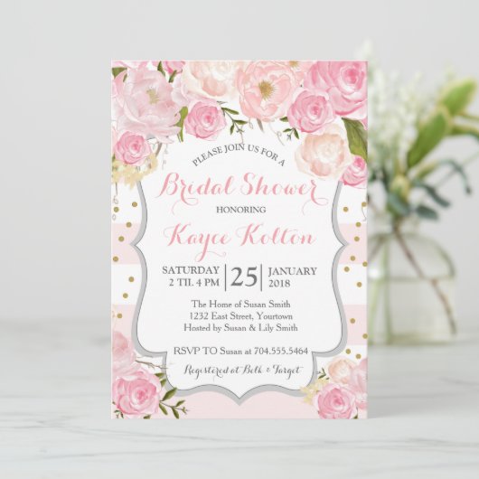 ピンク淡い色のの花のブライダルシャワー招待状 招待状 (スタンド正面)