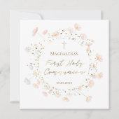 ピンク淡い色のの花ファースト・ホーリー・コミュニオン招待状 招待状 (正面)