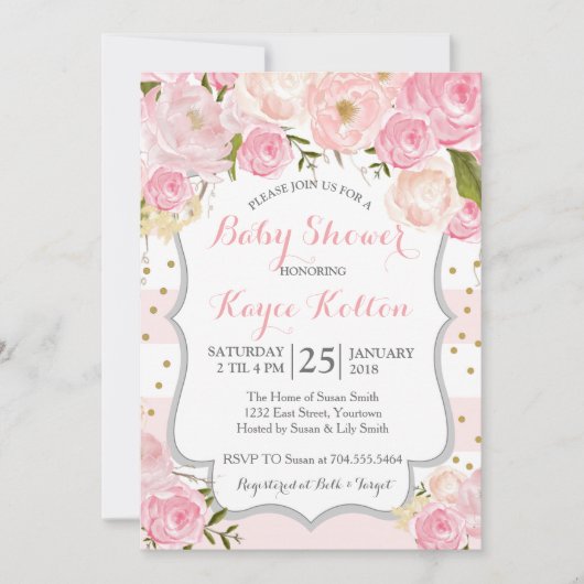 ピンク淡い色のの花ベビーシャワー招待状 招待状 (正面)