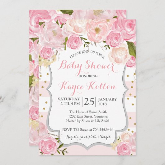 ピンク淡い色のの花ベビーシャワー招待状 招待状 (正面/裏面)