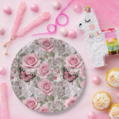 ピンク淡い色のの蝶とバラフローラ ペーパープレート (パーティー)