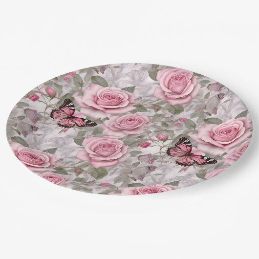 ピンク淡い色のの蝶とバラフローラ ペーパープレート (アングル)