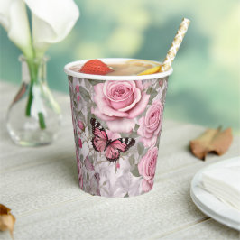 ピンク淡い色のの蝶とバラフローラ 紙コップ