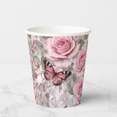 ピンク淡い色のの蝶とバラフローラ 紙コップ (正面)