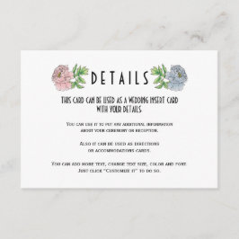 ピンク淡い色のの青い牡丹の結婚詳細挿入カード エンクロージャーカード