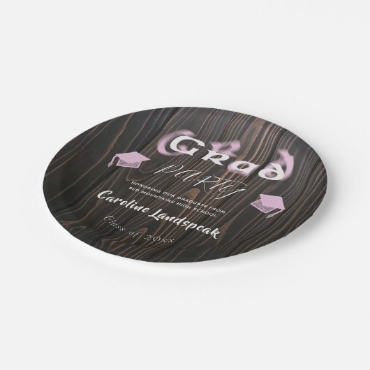 ピンク淡い色のぼやけタイポグラフィ卒業パーティー ペーパープレート (アングル)