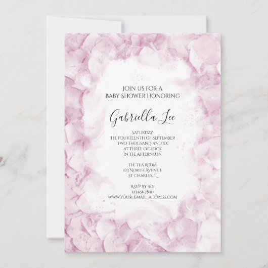 ピンク淡い色のアジサイ花水彩赤ちゃんシャワー 招待状 (正面)