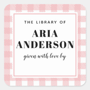 ピンク淡い色のギンガムプレイド男の赤ちゃんブックプレート スクエアシール