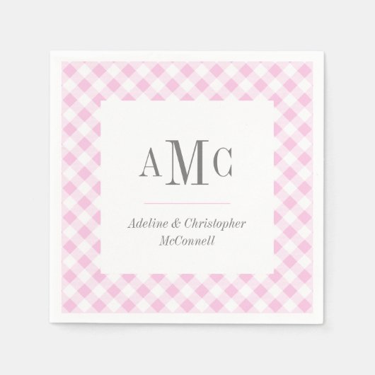 ピンク淡い色のギンガムモノグラムと名前 スタンダードカクテルナプキン (正面)