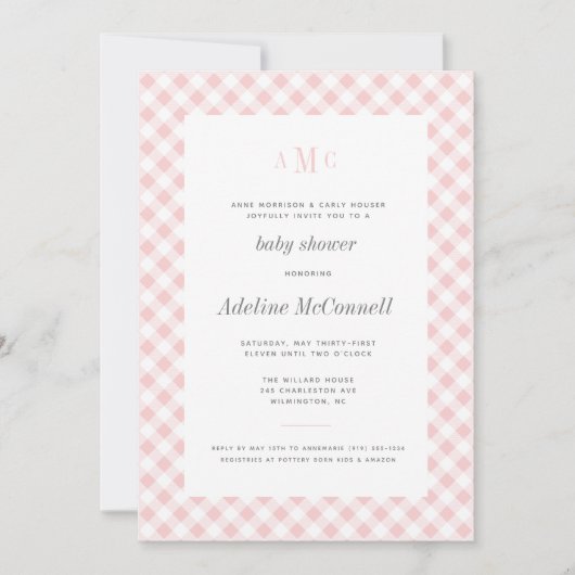 ピンク淡い色のギンガ伝統的ム赤ちゃんシャワー 招待状 (正面)