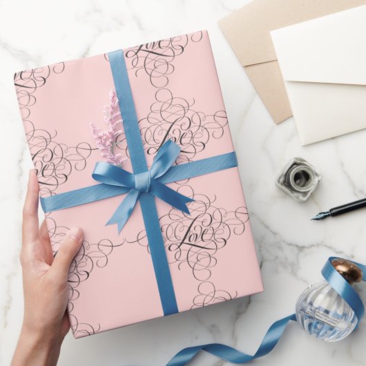 ピンク淡い色のクファンシーが咲いたラヴモダン書道 ラッピングペーパー (ギフト)