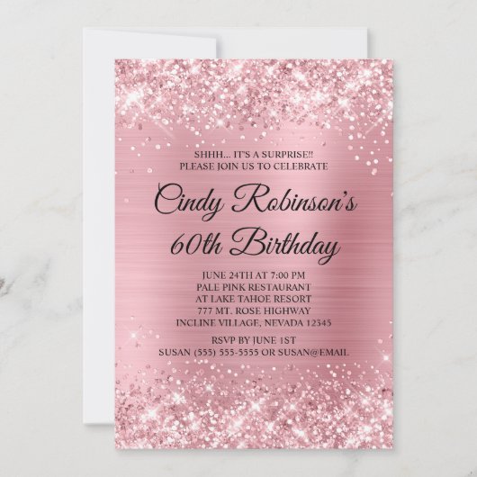 ピンク淡い色のグリッターとフォイル60誕生日 招待状 (正面)