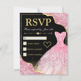 ピンク淡い色のグリッターグラムエッジ&ドレススウィート16 出欠カード