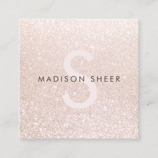 ピンク淡い色のグリッター美しいスタイリストモノグラム スクエア名刺 (正面)