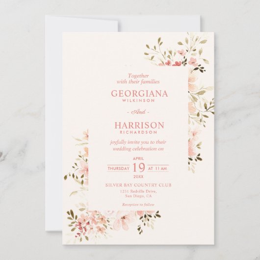 ピンク淡い色のソフトライトピーチ花フローラ結婚ズ 招待状 (正面)