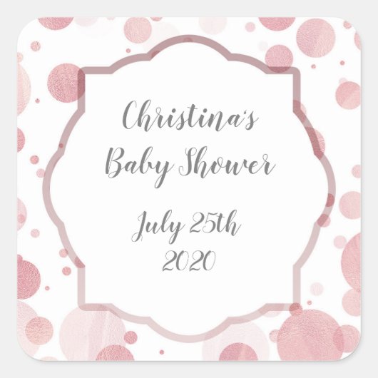 ピンク淡い色のドットメッセージカード、ベビーガールシャワーシール スクエアシール (正面)