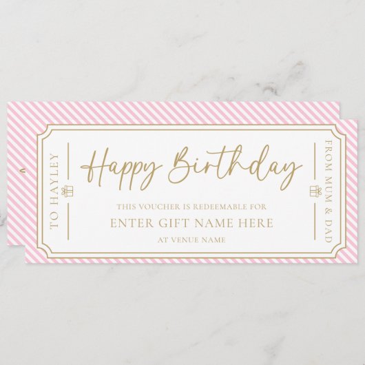 ピンク淡い色のハッピーバースデーギフト券カード 招待状 (正面/裏面)