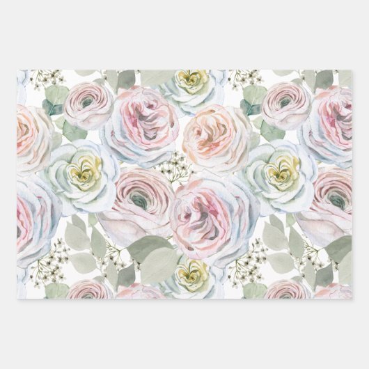 ピンク淡い色のピーチ水色バラホワイト赤面セージ ラッピングペーパーシート (正面)