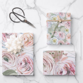 ピンク淡い色のピーチ水色バラホワイト赤面セージ ラッピングペーパーシート