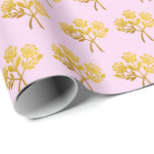 ピンク淡い色のフェイク金ゴールドバラフラワーかわいらしフローラ ラッピングペーパー (ロールコーナー)
