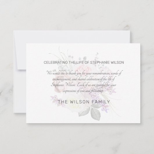 ピンク淡い色のフローラ葬式の忌引きありがとう サンキューカード (裏面)