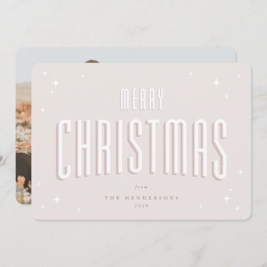 ピンク淡い色のメリークリスマスレトロスターズフラットフォト シーズンカード (正面/裏面)