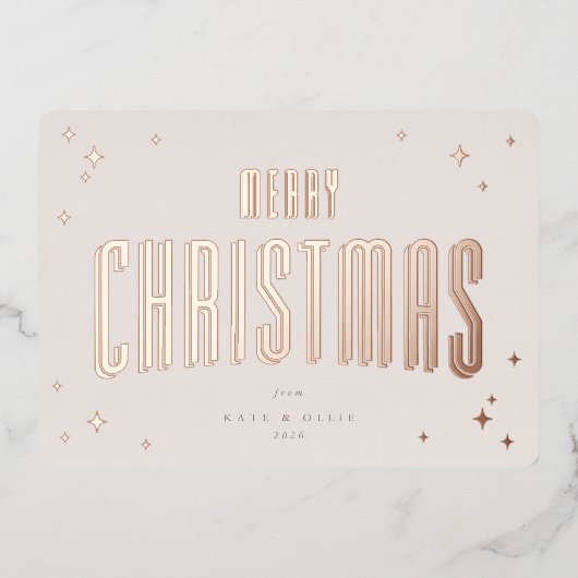 ピンク淡い色のメリークリスマスレトロスターズフラット 箔シーズンカード (正面)