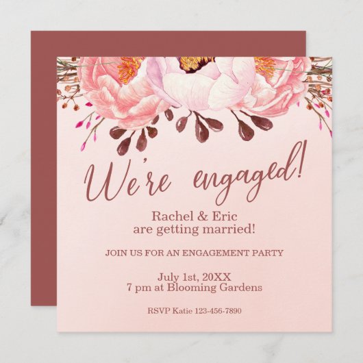 ピンク淡い色のルビーフローラ婚約パーティ招待状 (正面/裏面)