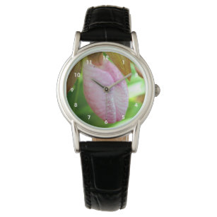 ピンク淡い色のレディースリッパーオーキッドフラワークローズアップ 腕時計