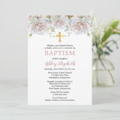 ピンク淡い色のローズウォーターカラーフローラバプテスマ 招待状 (スタンド正面)