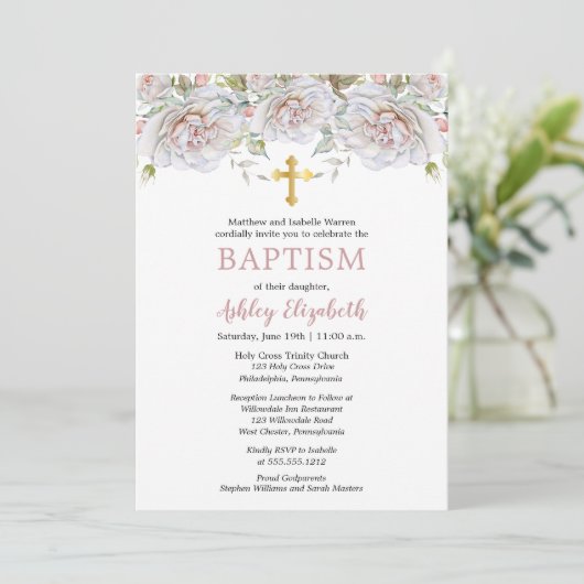 ピンク淡い色のローズウォーターカラーフローラバプテスマ 招待状 (スタンド正面)