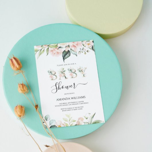 ピンク淡い色のローズフローラレターベビーシャワー招待状 招待状