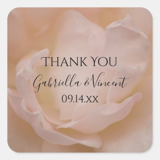 ピンク淡い色のローズフローラ結婚ズ・サンキューメッセージカード スクエアシール (正面)
